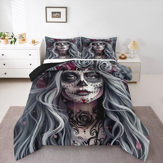 jejeloiu Gothic Horror Art Queen Comforter Set,Dark Aesthetic Bedding Sets,Spooky Halloween Bedding Comforter Set For Girls Boys,Luxury Bedroom Decor Reversible,3pcs