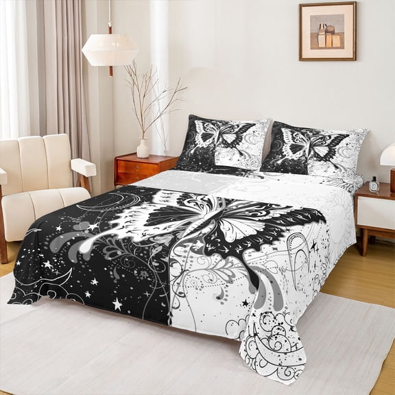 jejeloiu Gothic Moth Bed Sheets,Vintage Damask Flowers King Sheets,Bohemian Theme Sheet Set For Kids,Microfiber Bedroom Decor,4pcs