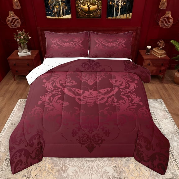 jejeloiu Gothic Moth Pattern Bedding Comforter Set,Vintage Bohemian Flowers Twin Comforter Sets,Red Damask Floral Bedding Set For Adults,Ultra Soft Home Decor Reversible,2 Pieces