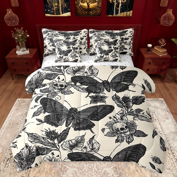 jejeloiu Gothic Moth Skull 7-Piece Bedding Comforter Set,Vintage Flower Floral King Bedding Sets,Black Beige Bed Sheets For Super Cozy Room Decor Reversible