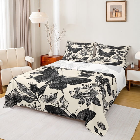 jejeloiu Gothic Moth Skull Bed Sheets,Vintage Flower Floral King Sheets,Black Beige Sheet Set For Super Cozy Room Decor,4 Pieces