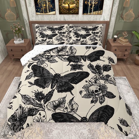 jejeloiu Gothic Moth Skull Queen Comforter Set,Vintage Flower Floral Bedding Sets,Black Beige Bedding Comforter Set For Super Cozy Room Decor Reversible,3-Piece