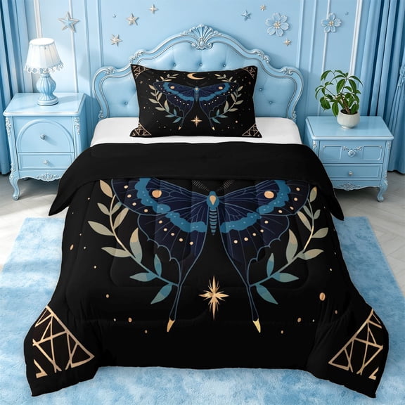 jejeloiu Gothic Moth Twin Comforter Sets For Girls,Bohemian Style Bedding Set,Black Blue Gold,Black Reversible,2-Piece,1 Comforter and 1 Pillowcase