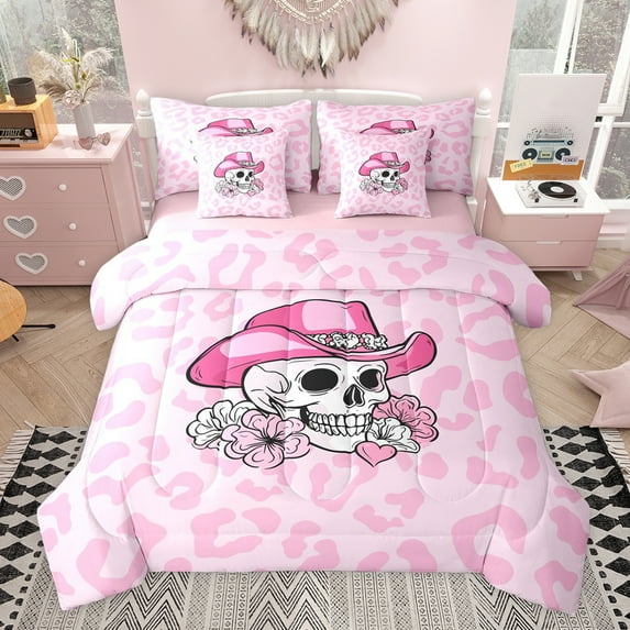 jejeloiu Gothic Skeleton 7 Pieces Bedding Comforter Set,Pink Leopard Print Full Bedding Set For Girls Reversible