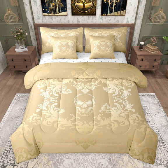 jejeloiu Gothic Skeleton Pattern 7-Piece Bedding Comforter Set,Vintage Bohemian Flowers King Bedding Sets,Gold Damask Floral Bed Sheets For Adults,Ultra Soft Home Decor Reversible