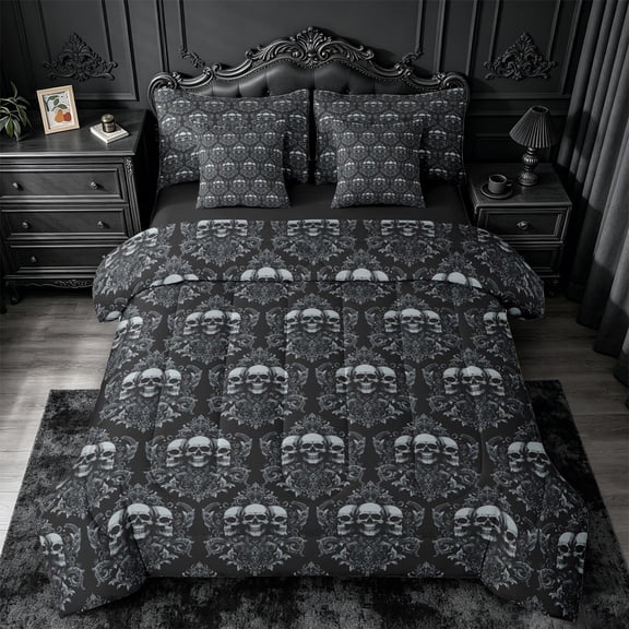 jejeloiu Gothic Skull 7-Piece King Bedding,Dark Retro King Bed in a Bag For Adults,Black Gray,Black Reversible