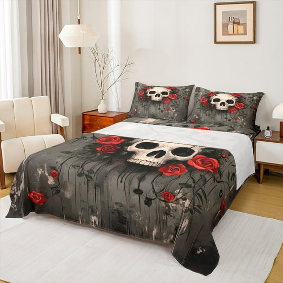 jejeloiu Gothic Skull Bed Sheets,Spooky Halloween Skeleton King Sheets,Romantic Rose Flower Sheet Set For Boys Girls,Microfiber Bedroom Decor,4 Pieces