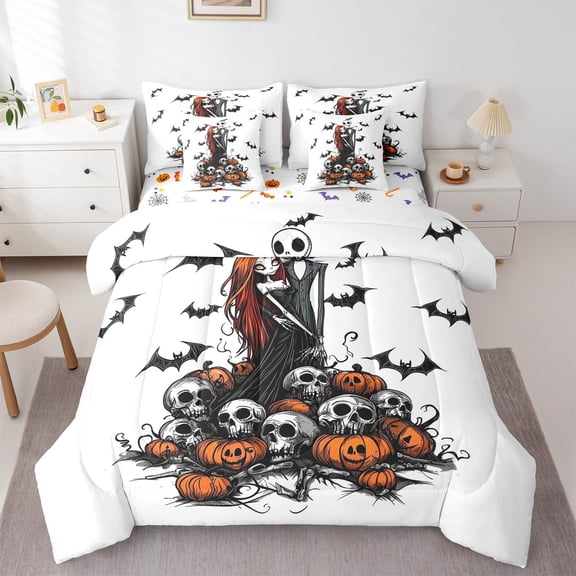 jejeloiu Gothic Skull Bedding Comforter Set 7-Piece,Happy Halloween King Bedding Sets,Chic Witch Bed Sheets For Child,Microfiber Bedroom Decor Reversible