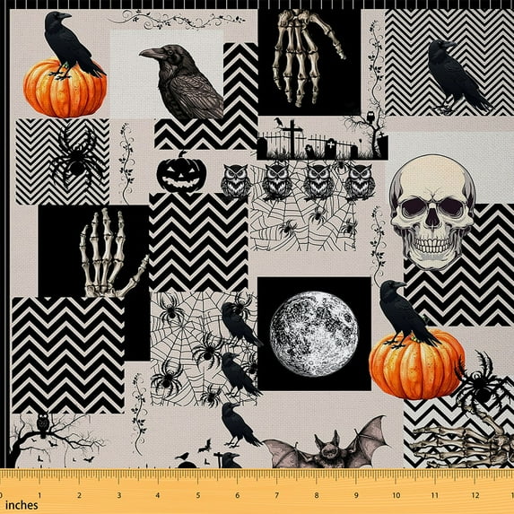 jejeloiu Gothic Skull Fabric by the Yard 10 Yards,Patchwork Geometric Plaid Room Decor Fabric by the Yard,Black Owl Bats Sewing Fabric For Child,Microfiber Bedroom Decor