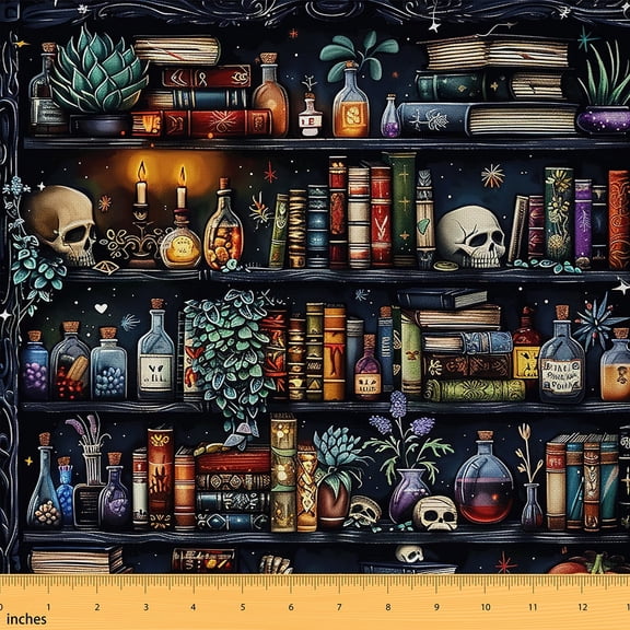 jejeloiu Gothic Skull Fabric by the Yard 3 Yards,Magical Book Sewing Fabric,Vintage Bookcase Bookshelf Fabric for Sewing For Boys Teens,Breathable Home Decor