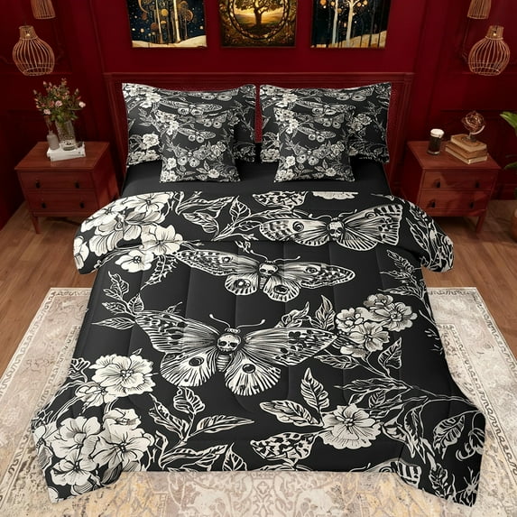 jejeloiu Gothic Skull Skeleton 7-Piece Bedding Comforter Set,Boho Bohemian Moth King Bedding Sets,Beige Black Bed Sheets For Men Women,Microfiber Bedroom Decor Reversible