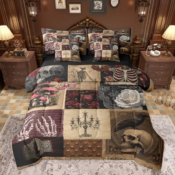 jejeloiu Gothic Skull Skeleton 7 Pieces Bedding Comforter Set,Rustic Botanical Mushroom Full Bedding Set,Retro Floral Fitted Sheet Flat Sheet For Men Women,Breathable Home Decor Reversible