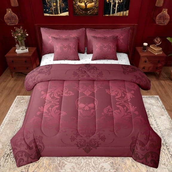 jejeloiu Gothic Skull Skeleton 7 Pieces Bedding Comforter Set,Rustic Victorian Floral Full Bedding Set,Red Damask Baroque Fitted Sheet Flat Sheet For Teens,Breathable Home Decor Reversible