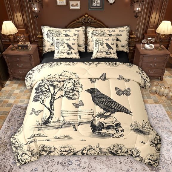 jejeloiu Gothic Skull Skeleton 7pcs Bedding Comforter Set,Black Bird Raven Queen Bedding Sets For Girls Boys Reversible