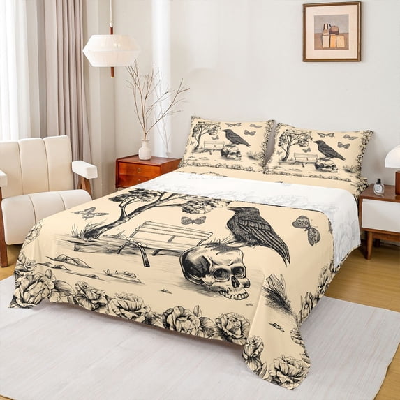 jejeloiu Gothic Skull Skeleton Bed Sheets,Black Bird Raven King Sheets For Girls Boys 4pcs