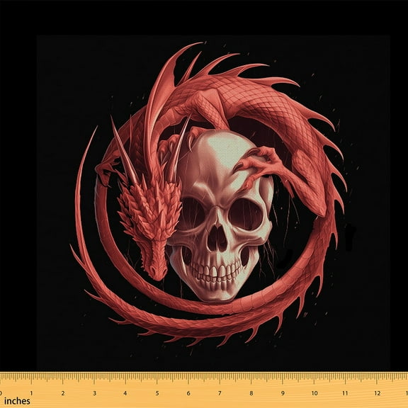 jejeloiu Gothic Skull Skeleton Fabric by the Yard 1 Yard, Red Black Halloween Home Decor Fabric by the Yard, Magic Dragon Room Decor Fabric by the Yard