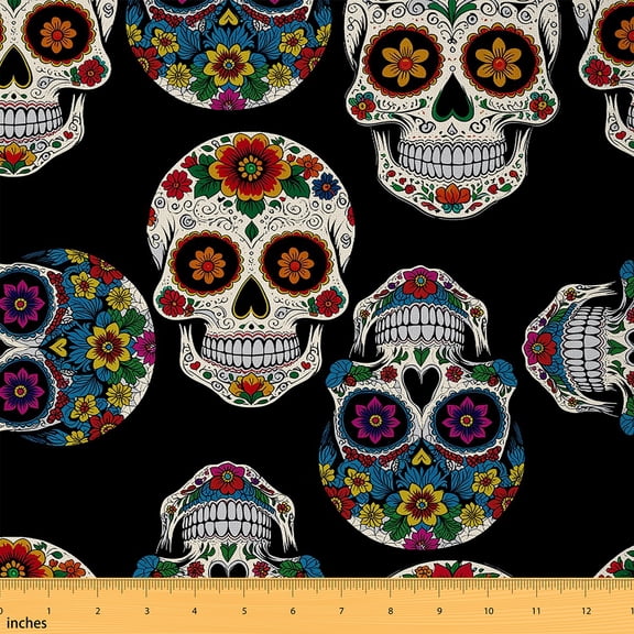 jejeloiu Gothic Skull Skeleton Fabric by the Yard 3 Yards,Boho Bohemian Sewing Fabric,Watercolor Flower Floral Fabric for Sewing For Teens,Super Cozy Room Decor