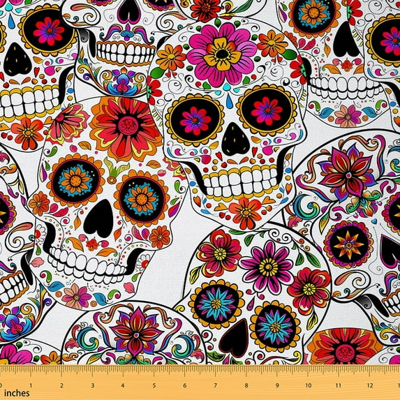 jejeloiu Gothic Skull Skeleton Fabric by the Yard 5 Yards,Boho Bohemian Floral Fabric for Sewing,Watercolor Flower Floral Home Decor Fabric by the Yard For Teens,Super Cozy Room Decor