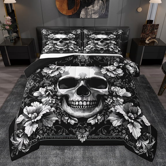 jejeloiu Gothic Skull Skeleton Queen Comforter Set,Retro Flower Floral Bedding Sets,White Black Bedding Comforter Set For Adult,Breathable Home Decor Reversible,3pcs