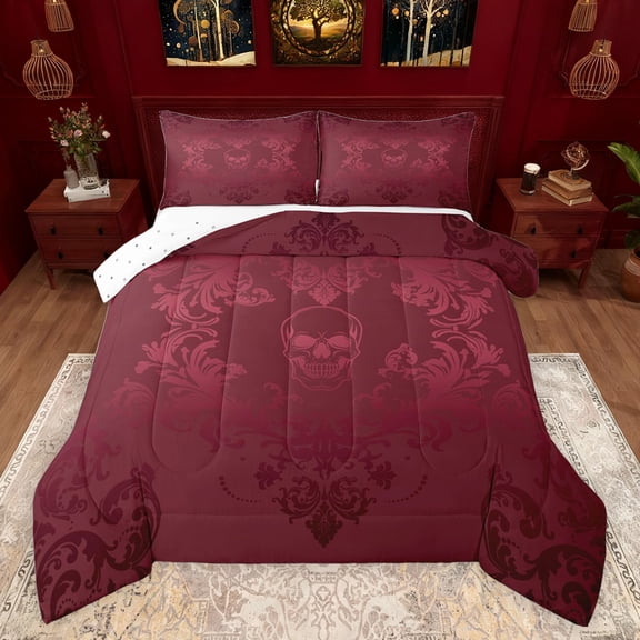 jejeloiu Gothic Skull Skeleton Queen Comforter Set,Rustic Victorian Floral Bedding Sets,Red Damask Baroque Bedding Comforter Set For Teens,Breathable Home Decor Reversible,3pcs