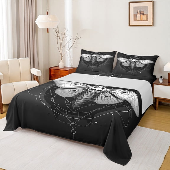 jejeloiu Gothic Skull Skeleton Twin Sheet Sets,Boho Bohemian Moth Twin Fitted Sheet,Gray Black Flat Sheet For Teens,Breathable Home Decor,3 Pieces
