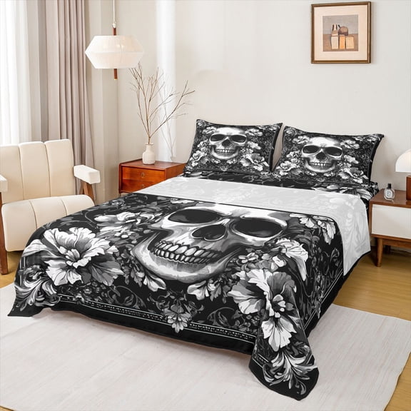 jejeloiu Gothic Skull Skeleton Twin Sheet Sets,Retro Flower Floral Twin Fitted Sheet,White Black Flat Sheet For Adult,Breathable Home Decor,3-Piece