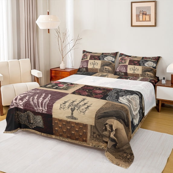 jejeloiu Gothic Skull Twin 3-Piece Sheet Set,Retro Floral Rustic Mushroom