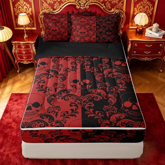 jejeloiu Gothic Skull Zipper Twin Comforter Sets with Fitted Sheet and 2 Pillowcases,Baroque Damask Zipper Bedding Set For Adults,Red Black,Black Reversible,4-Piece