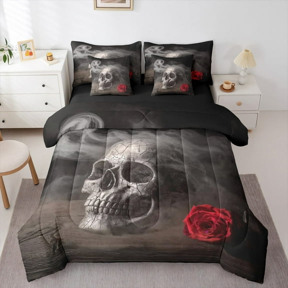 jejeloiu Gothic Skulln Bedding Comforter Set 7-Piece,Red Flower Rose King Bedding Sets,Vintage Skeleton Bed Sheets For Men Women,Microfiber Bedroom Decor Reversible
