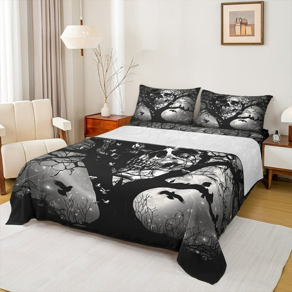 jejeloiu Gothic Spooky Skull Queen Sheet Sets,Autumn Plant Tree Flat Sheet,Galaxy Starry Sky Queen Fitted Sheet,Luxury Bedroom Decor,4-Piece