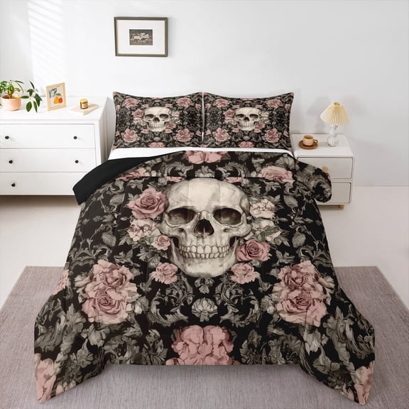 jejeloiu Gothic Suger Skull Bedding Comforter Set,Rustic Flower Floral Twin Comforter Sets,Halloween Skeleton Bedding Set For Girl Boy,Ultra Soft Home Decor Reversible,2 Pieces