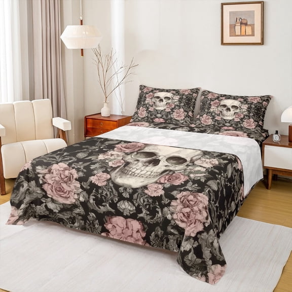 jejeloiu Gothic Suger Skull Queen Sheet Sets,Rustic Flower Floral Flat Sheet,Halloween Skeleton Queen Fitted Sheet For Girl Boy,Ultra Soft Home Decor,4-Piece