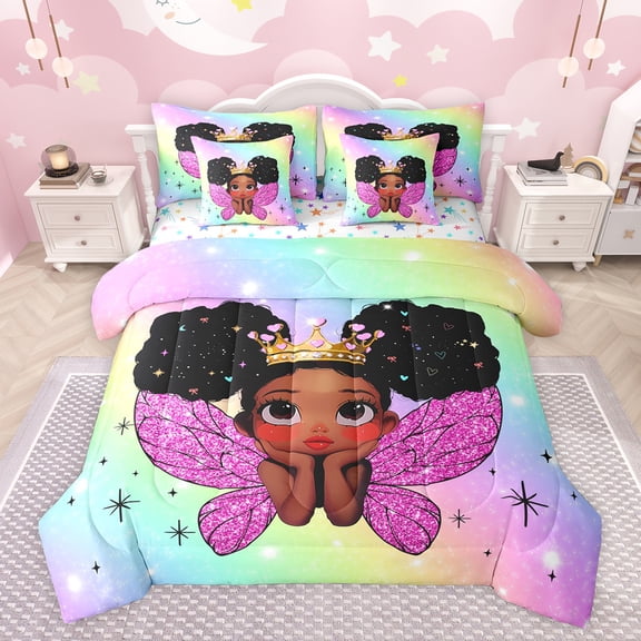 jejeloiu Gradient Colorful 7-Piece Bedding Comforter Set,Cute Kawaii Princess King Bedding Sets,Cartoon Black Girly Bed Sheets For Kids,Super Cozy Room Decor Reversible