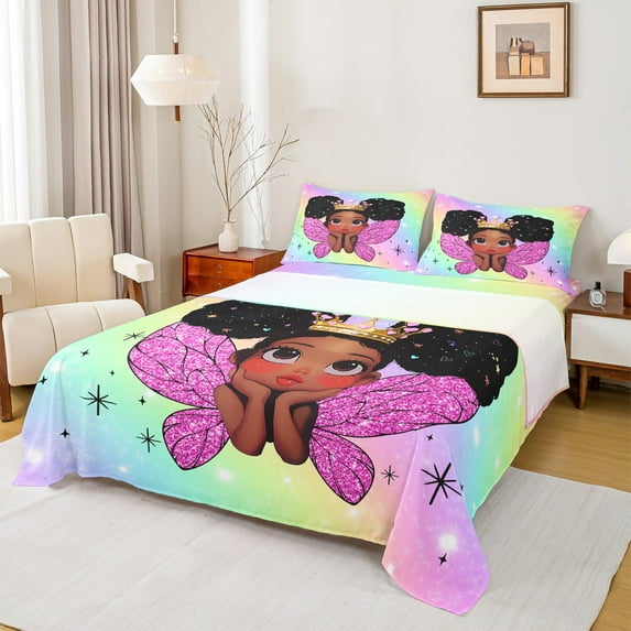 jejeloiu Gradient Colorful Twin Sheet Sets,Cute Kawaii Princess Twin Fitted Sheet,Cartoon Black Girly Flat Sheet For Kids,Super Cozy Room Decor,3pcs