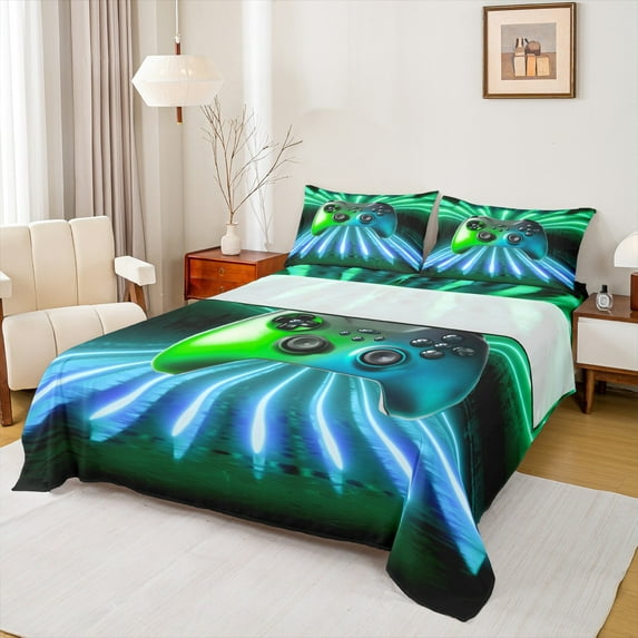 jejeloiu Gradient Game Console Bed Sheets,Gamer Gaming King Sheets,Blue Laser Sheet Set For Boys,Breathable Bedroom Decorative,4 Pieces
