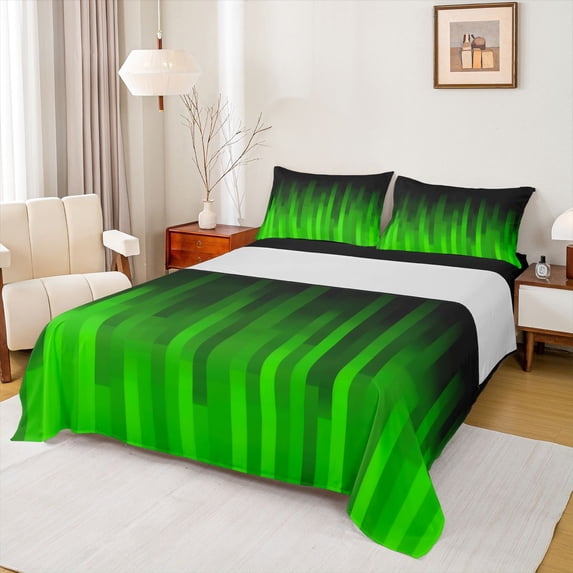 jejeloiu Gradient Geometric Pattern Full Size Sheets For Boy,Green Black Ombre Art Bed Sheets For Kids,4 Pieces