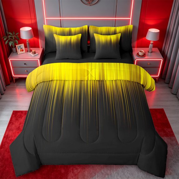 jejeloiu Gradient Geometric Print 7pcs Bedding Comforter Set For Boy,Yellow Black Ombre Art Queen Bedding Sets For Kids,Reversible