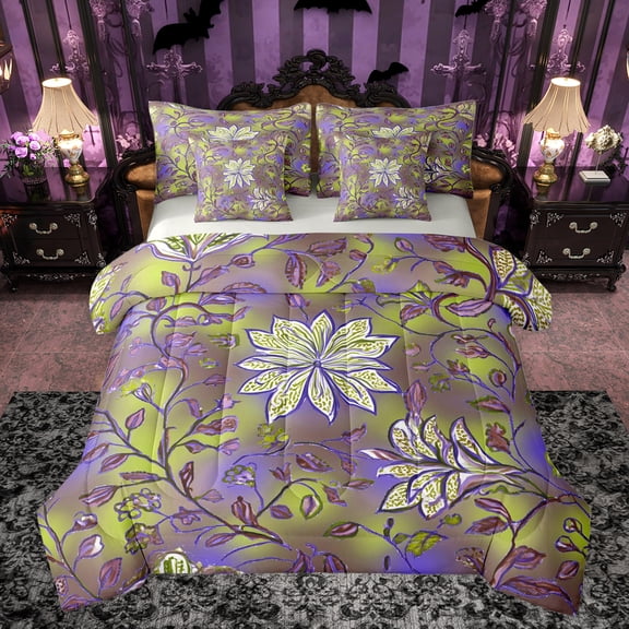 jejeloiu Gradient Green Purple 7-Piece Bedding Comforter Set,Batik Artwork King Bedding Sets,Retro Flower Floral Bed Sheets For Kids,Microfiber Bedroom Decor Reversible