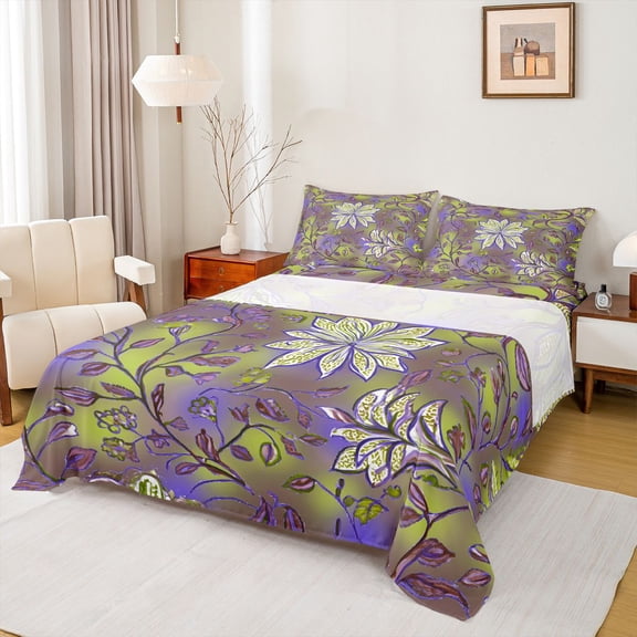 jejeloiu Gradient Green Purple Full Size Sheets,Batik Artwork Bed Sheets,Retro Flower Floral Sheet Sets For Kids,Microfiber Bedroom Decor,4 Pieces