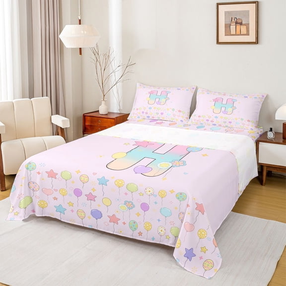 jejeloiu Gradient Personalized Monogram H Full Size Sheets For Kids,Balloon Rainbow Alphabet Initial Art Bed Sheets,4pcs