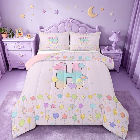 jejeloiu Gradient Personalized Monogram H Queen Comforter Set For Kids,Balloon Rainbow Alphabet Initial Art Bedding Comforter Set,Pink Reversible,3-Piece