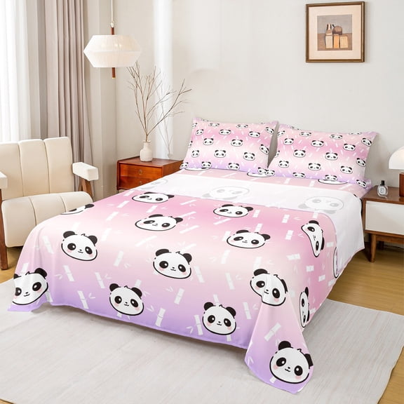 jejeloiu Gradient Pink Purple Twin Sheet Sets,Cute Cartoon Panda Twin Fitted Sheet,Zoo Animal Flat Sheet For Teens,Luxury Bedroom Decor,3pcs