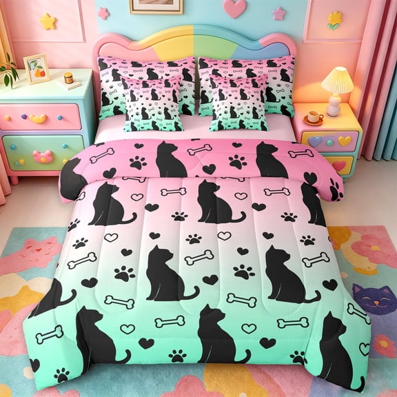 jejeloiu Gradient Silhouette Pattern 7-Piece Twin Bedding Sets For Kids,Cute Pet Cat Loves Bedding Comforter Set For Girl,Reversible