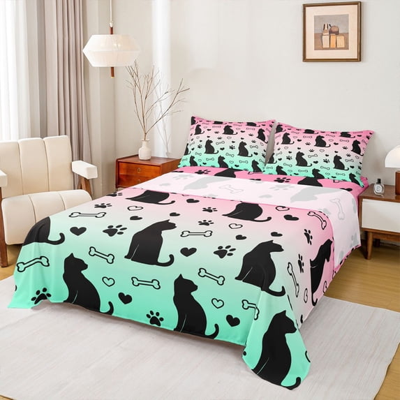 jejeloiu Gradient Silhouette Pattern Bed Sheets For Kids,Cute Pet Cat Loves King Sheets For Girl,4pcs