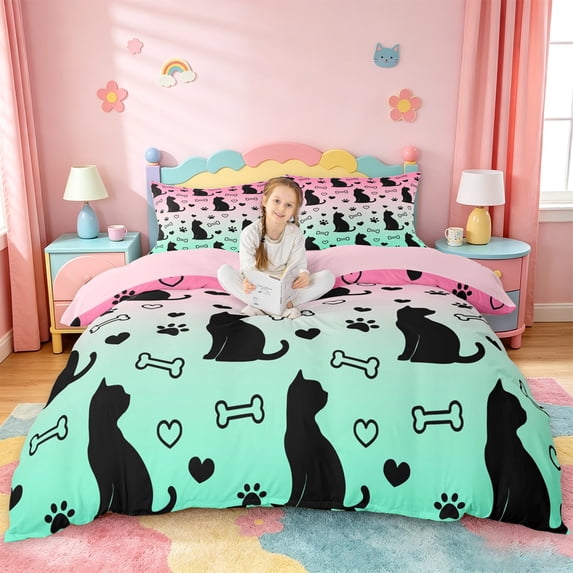 jejeloiu Gradient Silhouette Pattern Duvet Cover Set For Kids,Cute Pet Cat Loves Bedding Full For Girl,Reversible,3-Piece(No Comforter)