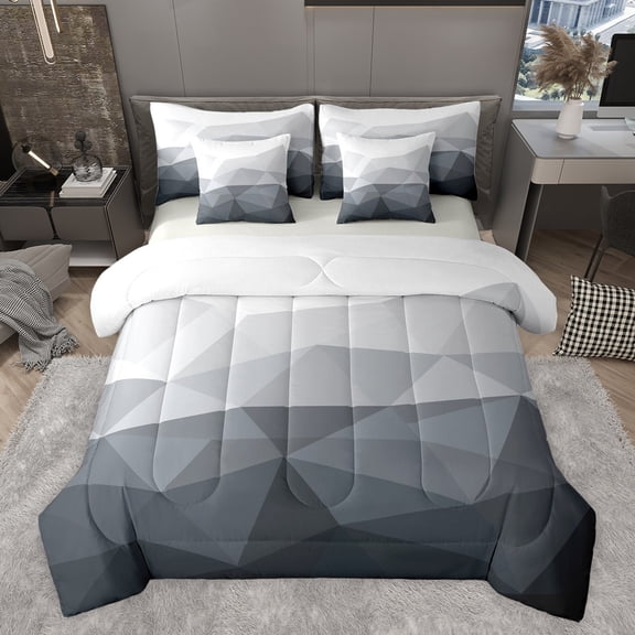 jejeloiu Gradient White Gray 7-Piece Bedding Comforter Set,Stereoscopic Abstract Geometric King Bedding Sets,Modern Abstract Aesthetic Bed Sheets For Adults,Luxury Bedroom Decor Reversible