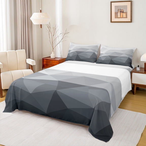 jejeloiu Gradient White Gray Bed Sheets,Stereoscopic Abstract Geometric King Sheets,Modern Abstract Aesthetic Sheet Set For Adults,Luxury Bedroom Decor,4pcs