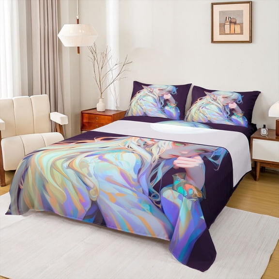 jejeloiu Graffiti Anime Girl Twin Sheet Sets,Cartoon Uniform Girls Bedding For Kids Teens 3 Pieces