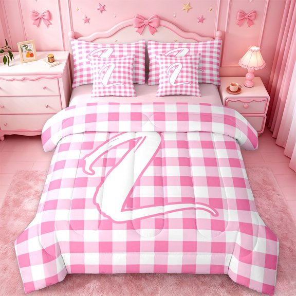 jejeloiu Graffiti Letter Initial L 7 Pieces Bedding Comforter Set For Girls,Pink Checkered Geometric Art Full Bedding Set,Pink Reversible