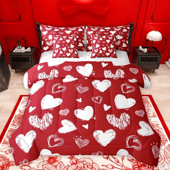 jejeloiu Graffiti Loves Pattern 7pcs Bedding Comforter Set,Cute Hearts Queen Bedding Sets,Red White Queen Sheet Sets For Girls Kids,Luxury Bedroom Decor Reversible